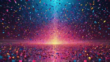 A vibrant neon glitter explosion with floating confetti on a glamorous occasion.