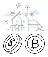 Modern house integrated with smart devices controlling lights, temperature, and security. Coins representing dollar and bitcoin. Ideal for finance, technology, smart living, innovation