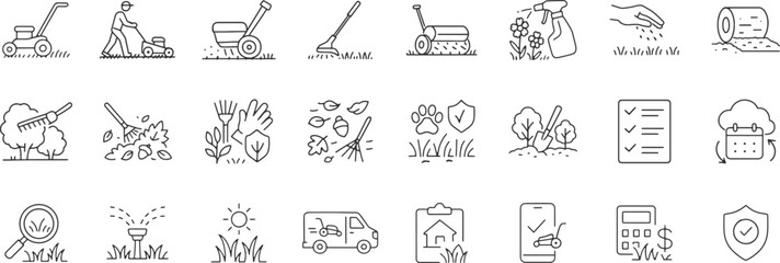 Lawn care service line icon set. Vector pictograms of weed control, overseeding, trimming, shrubs, leaves removal, seasonal cleanup, irrigation, thin linear illustration.