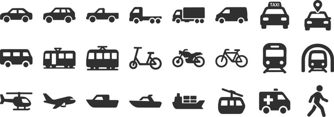Obraz premium Transport glyph icon set. Vector pictograms of airplane, helicopter, boat, ferry, cargo, ship, motorcycle, bicycle, tram, subway, metro, black sign silhouette illustration.