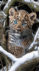 Obraz premium A cute leopard cub with blue eyes is sitting in a snow-covered tree