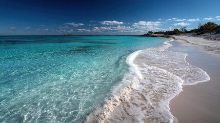 A breathtaking view of the turquoise ocean water gently washing onto the pristine white sand beach under a clear, vibrant blue sky with scattered clouds above.