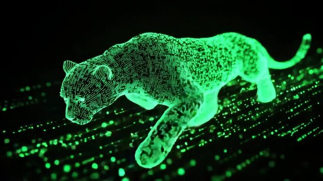 Green Digital Panther Illustration with Data Network Background