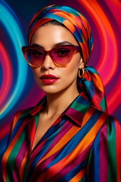 A glamorous woman with bold, colorful sunglasses and a vibrant headscarf, wearing a chic striped silk blouse with rich, contrasting hues.