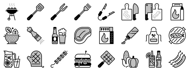 Icons in two tones about food and drink. Grill and barbecue