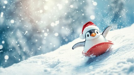 Obraz premium A playful penguin slides down a snowy hill during winter.
