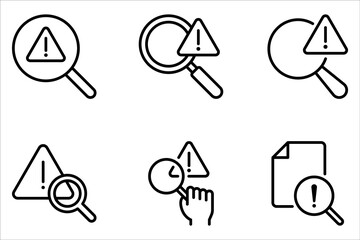 Problem identification icon set. magnifying glass with exclamation mark on white background