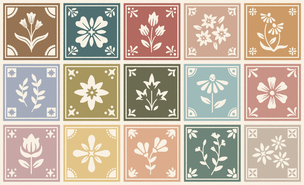Hand drawn vintage floral tile vector illustration. Botanical folk art in earth tones. Spring garden block print for wall art, stationery, fabric, home decor & branding. Isolated elements.