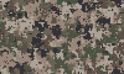 Abstract digital camouflage pattern.  Earthy tones blend seamlessly for a textured, versatile background ideal for military, hunting, or fashion designs.
