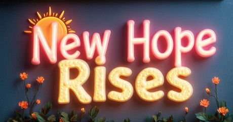 Bright neon sign displays New Hope Rises. Flowers bloom below, sun shines above. Warm colors dominate composition. Positive message conveyed.