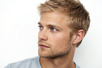 Young Handsome Man with Casual Style Looking Away
Close-up portrait of a young, attractive man with short blonde hair and light stubble, gazing sideways against a white background.
