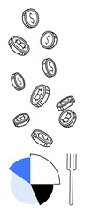 Coins with currency symbols falling toward a segmented pie chart next to a fork. Ideal for finance, investment, wealth distribution, economy, savings, cryptocurrency, budgeting. Flat simple metaphor