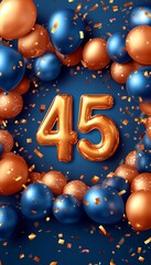 Golden Number 45 Balloon With Festive Balloons And Confetti For A 45th Birthday Celebration