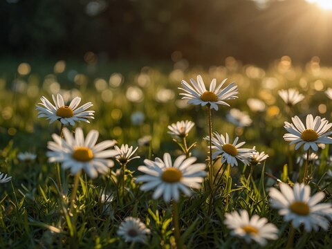 Wild daisies swaying gently in a sunlit meadow during golden hour