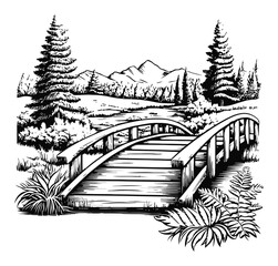 Vintage Illustration of a Tranquil Bridge in a Scenic Landscape