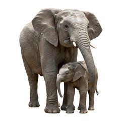 Obraz premium Majestic African Elephant Cow Protecting Her Adorable Calf on a Clean White Background