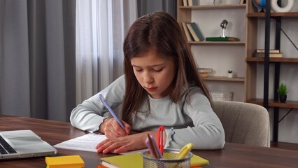 Young child girl studying at home, small girl sits at desk and attends school class online on...