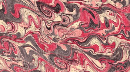 Abstract Swirls in Red, Pink, and Beige Fluid Marbling Pattern Texture Background