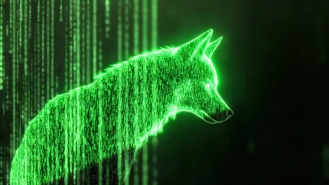 Mysterious Green Wolf Silhouette in Digital Matrix Environment