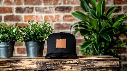 Black baseball cap on rustic wooden table with plants