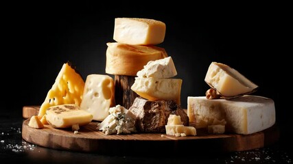 Assorted cheeses arranged on a wooden board for a gourmet tasting experience in a dimly lit setting