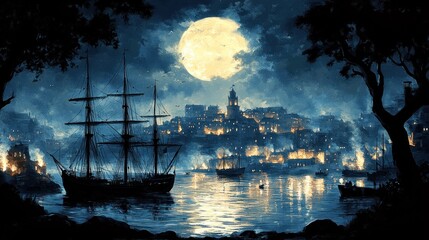 Naklejka premium Nocturnal Harbor: A moonlit cityscape with a majestic sailing ship at anchor, reflecting the city's warm glow on the tranquil waters.