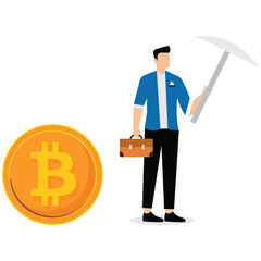 Businessman holding a pickaxe and a bitcoin