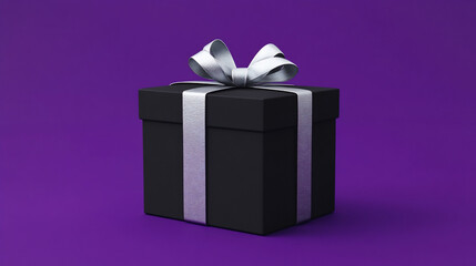 A black gift box with a silver ribbon on a purple background. (1)
