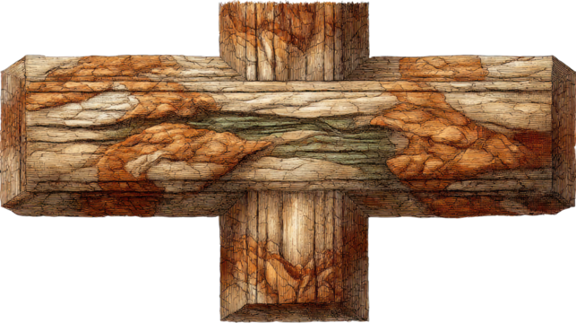 Ornate hand carved wooden cross with a rough time worn texture and natural rustic appearance conveying a sense of spiritual significance and Christian heritage