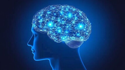 Obraz premium Human Head Silhouette With Glowing Neurons, Meditation, Consciousness, Brain Power Concept