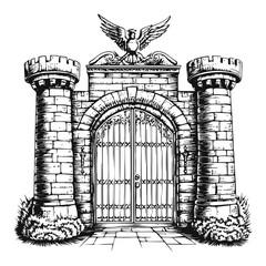 Fototapeta premium Detailed Engraving of Castle Gate with Eagle Emblem and Towers