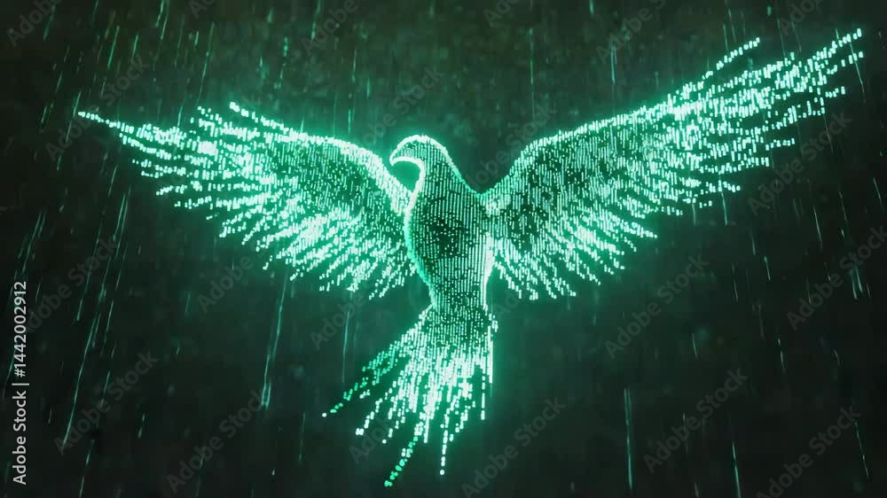 Poster digital phoenix emerging from binary rain with glowing feathers