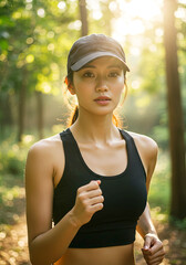 Young Woman Morning Jog Through Forest Trails