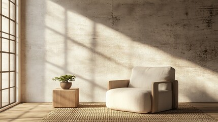 Sunlit room with armchair, side table, and plant.