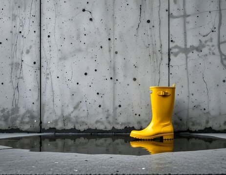 single yellow hunter original wellington boot in puddle by concrete wall photograph

