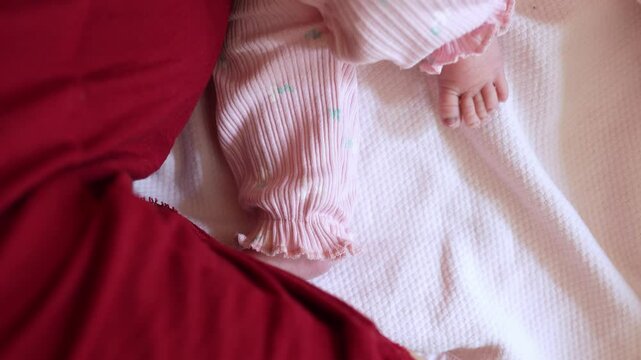 Newborn baby&rsquo;s leg resting on blanket, one day after birth, soft and peaceful moment
