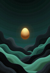 Fototapeta premium Golden egg hovers over teal and black rolling hills in an artistic abstract nature scene. The egg radiates a soft glow and warmth.