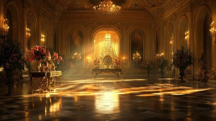 Obraz premium Sunlit Ballroom, opulent palace interior, golden light