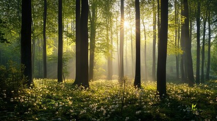 Obraz premium Sunlit spring forest scene with white flowers and tall trees eco calm lush park green woods flora