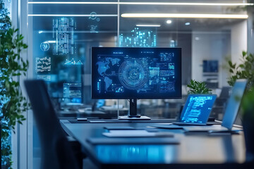 Naklejka premium AI integration and futuristic workspace in a modern innovation hub