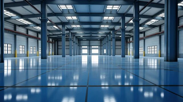 Spacious empty industrial warehouse with blue epoxy floor and ceiling skylights