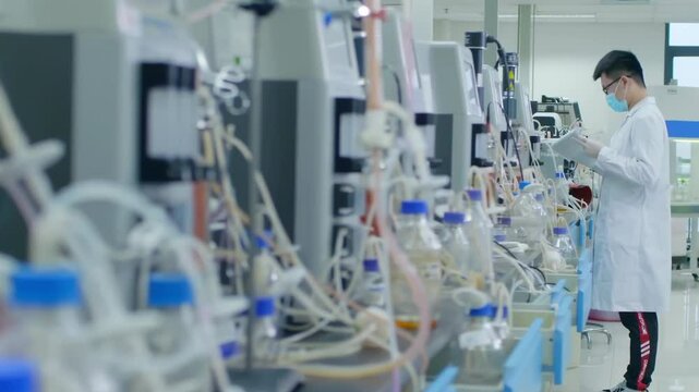 Scientist in white uniform using laboratory biological cell culture equipment for doing research in cleanroom.
