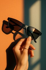 A close-up of a hand holding a pair of sleek, modern sunglasses against a vibrant wall with dramatic lighting casting sharp shadows.
