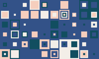 Abstract geometric pattern featuring a vibrant array of squares in varying sizes and pastel colors against a deep blue backdrop.