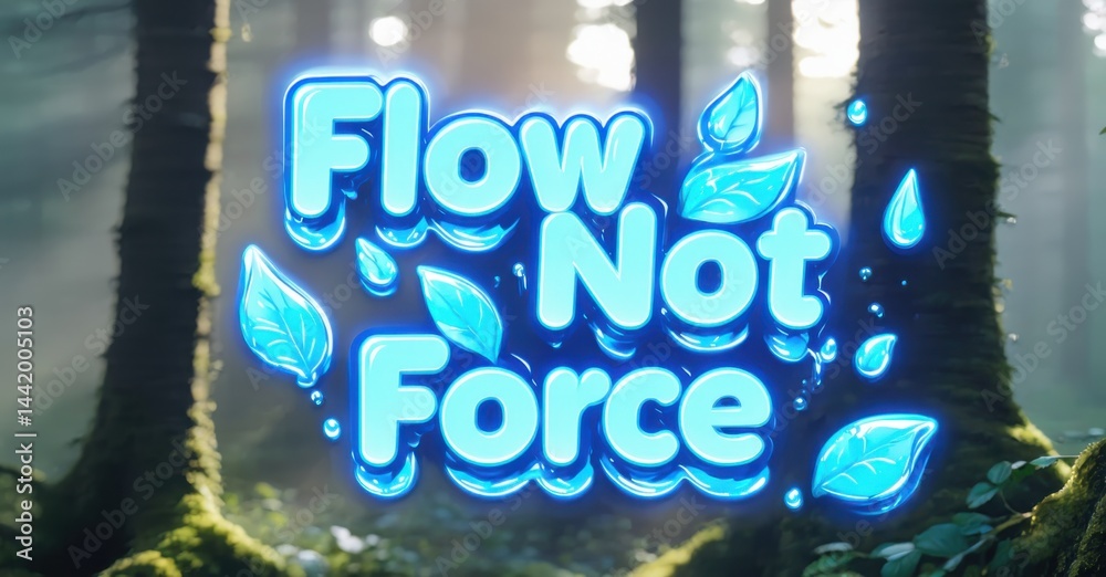 Poster forest scene features glowing text flow not force. blue leaves, water droplets enhance mystical vibe