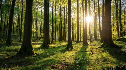 Obraz premium Serene sunlight illuminates lush green forest trees nature scene calm moss park woods image photo