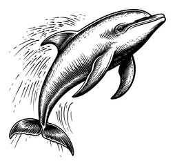 Naklejka premium Detailed Engraving Illustration of a Dolphin Leaping from Water