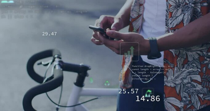 Man interacting with smartphone beside bicycle, visualizing AR technology graphs, numeric data