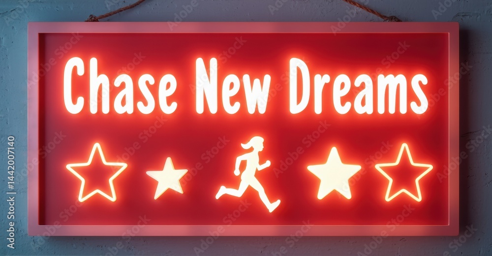 Poster neon sign displays motivational phrase, chase new dreams. stars flank running figure within red rect