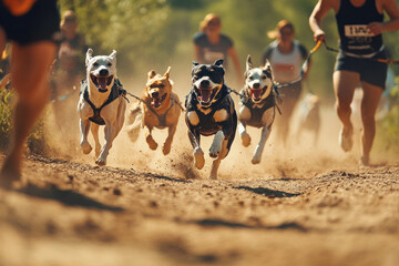 vibrant scene of mixed team competition featuring people and their dogs racing together in canicross event.